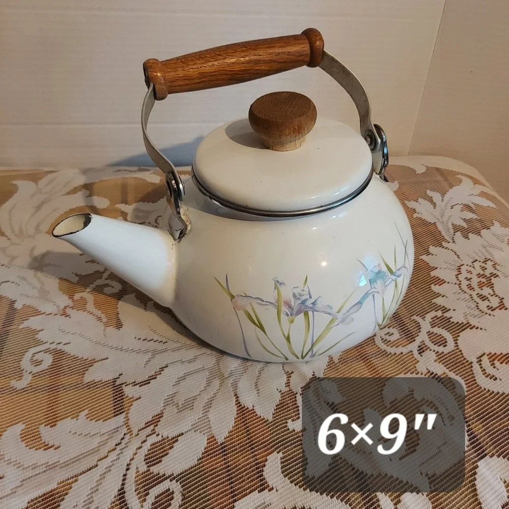 Vintage White Enamel Tea Kettle Purple Iris Floral Wood Handle 6x9 Inch